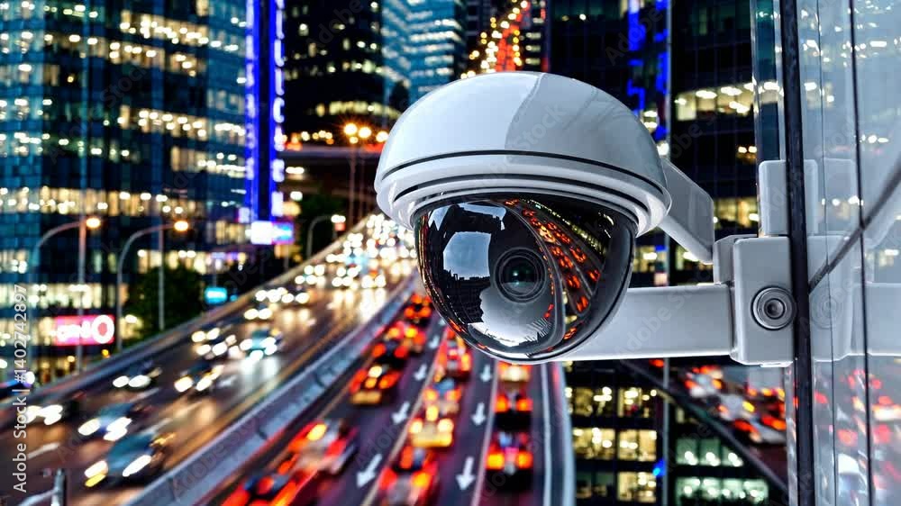 Poster white dome security camera mounted on glass structure capturing busy multilane highway with moving v