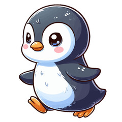 Obraz premium Charming cartoon illustration of a cute baby penguin with big, adorable eyes, fluffy gray and white feathers, and a playful expression, waddling. Represents adorable animals, Antarctic wildlife