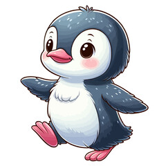 Obraz premium Charming cartoon illustration of a cute baby penguin with big, adorable eyes, fluffy gray and white feathers, and a playful expression, waddling. Represents adorable animals, Antarctic wildlife