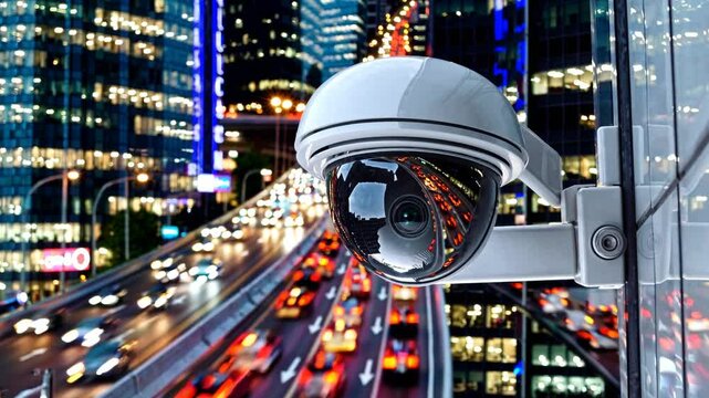White dome security camera mounted on glass structure capturing busy multilane highway with moving vehicles during night. Reflective cityscape with illuminated skyscrapers in background