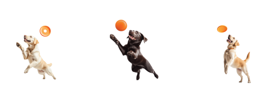 Dogs leaping to catch orange frisbees mid air with joy and enthusiasm highlighting agility skills