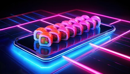 Obraz premium Colorful sushi rolls with vibrant toppings on a futuristic neon-lit surface in a dark setting