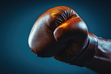 FistbMahon with closed fist raised up on blue background, close-up photo of hand and arm in the pose of doing fisticuffs or punch gesture, power action concept.