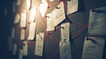 Analyzing Evidence on Cork Board with Red String for Crime Investigation