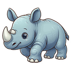 Fototapeta premium Charming cartoon illustration of a cute baby rhinoceros with big, adorable eyes, characteristic horns, and a gentle expression, taking a step. Represents adorable animals, African wildlife, and childr