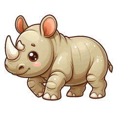 Naklejka premium Charming cartoon illustration of a cute baby rhinoceros with big, adorable eyes, characteristic horns, and a gentle expression, taking a step. Represents adorable animals, African wildlife, and childr