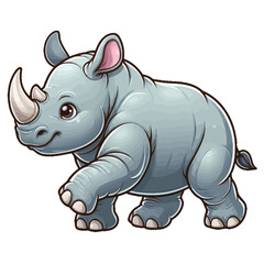 Fototapeta premium Charming cartoon illustration of a cute baby rhinoceros with big, adorable eyes, characteristic horns, and a gentle expression, taking a step. Represents adorable animals, African wildlife, and childr