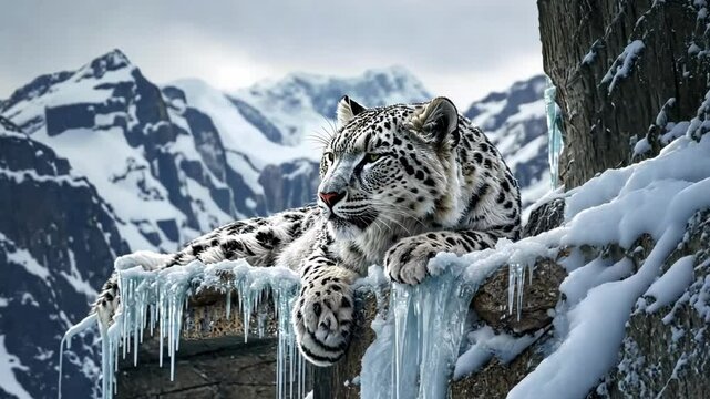 Snow leopard rests on rocky ledge amid icy mountain scenery in wintery landscape