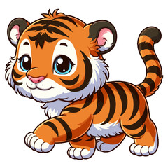 Charming cartoon illustration of a cute tiger cub with big, adorable eyes, characteristic orange and black stripes, and a playful expression, taking a step. Represents adorable animals, wildlife, and 