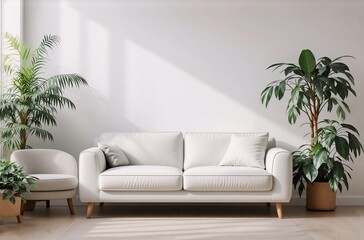Sunlight streams into a minimalist living room, illuminating a white sofa, armchair, and potted plants.  Clean lines and a calming atmosphere.