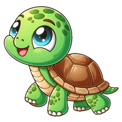 Fototapeta premium Charming cartoon illustration of a cute green sea turtle with big, adorable eyes and a gentle smile, swimming or crawling. Represents adorable animals, marine wildlife, and children's themes.