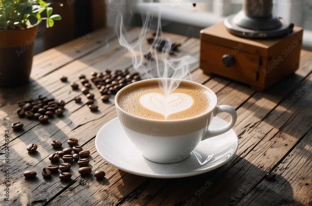 Poster warm latte art graces a steaming cup of coffee, set on a rustic wooden table amidst scattered coffee