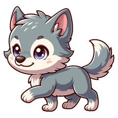 Fototapeta premium Charming cartoon illustration of a cute gray wolf cub with big, adorable eyes, fluffy fur, and a playful expression, taking a step. Represents adorable animals, woodland wildlife, and children's theme