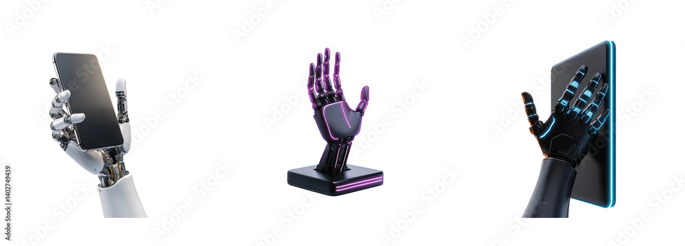 Poster robotic hands grasping modern smartphones in various dynamic positions and angles