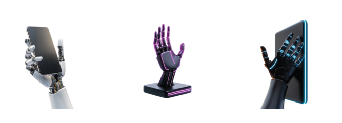 Robotic hands grasping modern smartphones in various dynamic positions and angles