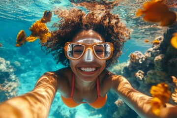 Naklejka premium Bright commercial style image. A pretty and sexy happy asian young woman with blond hair in a swimming mask and fins snorkeling among the corals. Many tropical fish swim next to her.