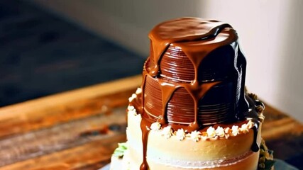 Chocolate ganache video being drizzled over a cake - Powered by Adobe