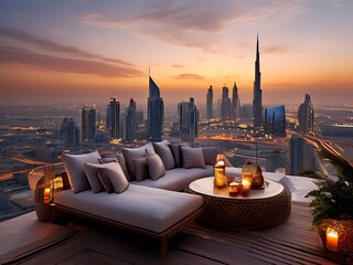 Rooftop Terrace with Breathtaking Dubai Skyline at Sunset