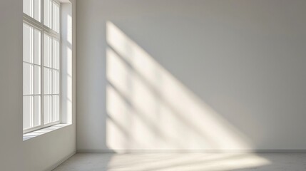 A minimalist white room with a large window and a minimalist white wall.