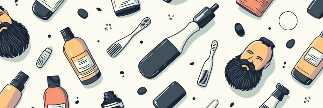 Seamless pattern featuring beard icons, grooming bottles, and razors on a muted background for a stylish male grooming theme - Powered by Adobe
