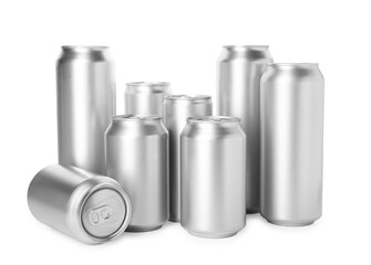 Many blank tin cans isolated on white