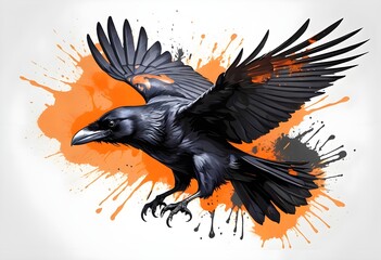Fototapeta premium Raven in Flight, Orange Ink Splatter