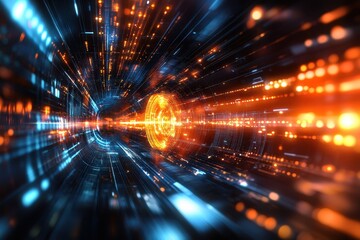 Fototapeta premium Bright orange and blue lights creating a dynamic tunnel effect in a digital landscape at night