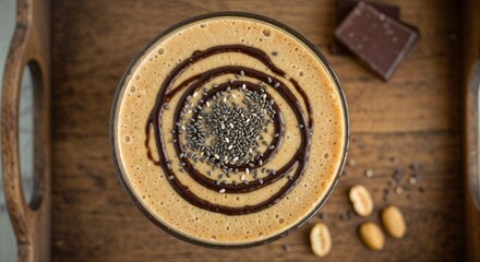 Creamy smoothie with chocolate swirl and chia seeds in a glass, surrounded by peanuts and dark chocolate on wooden surface
