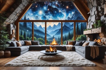 Fototapeta premium A cozy cabin living room features a massive window showcasing a breathtaking mountain range and starry night sky. A central fireplace adds warmth to the scene.
