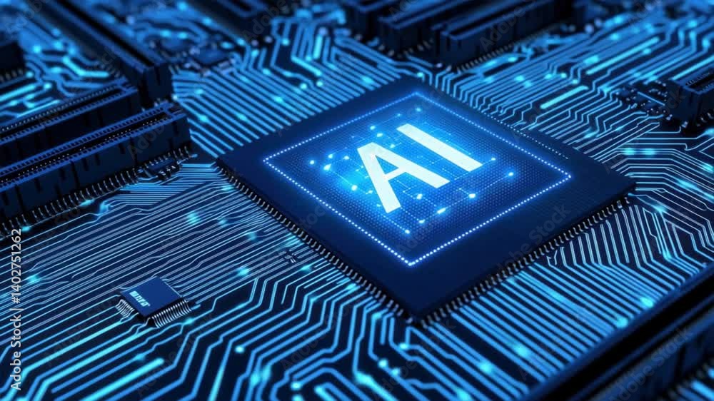 Aufkleber close-up of an ai chip on a circuit board, highlighting the advanced technology behind artificial in