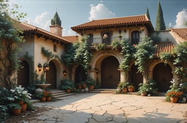 Obraz premium Sun-drenched Mediterranean-style villa with terracotta roof, arched entryways, lush greenery, and a courtyard featuring stone paving. A peaceful, luxurious estate.