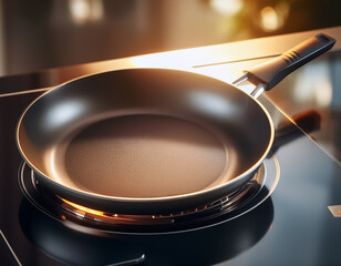 Una sartén de cocina antiadherente sobre una vitroceramica encendida