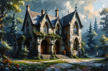 A gothic-style stone house nestled in a lush forest, sunlight filtering through the trees.  Ivy climbs the walls, adding to the aged charm.  A quaint pathway leads to its entrance.