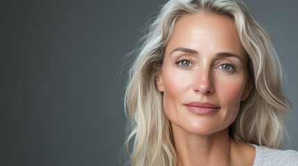 Naklejka premium Elegant woman with long blonde hair and captivating blue eyes poses against a neutral background in soft lighting