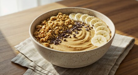  Delicious smoothie bowl with banana, granola, and cocoa nibs, served in a beige ceramic bowl, on a wooden surface with a cozy background
