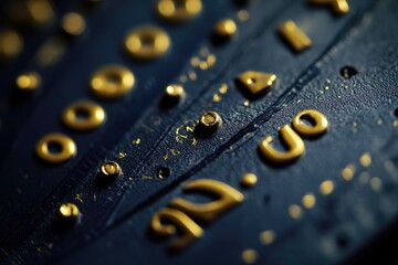 A close-up of the numbers on an antique clock face, showing each number in gold with a dark blue background. 