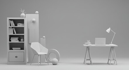 A white room with a desk and chair, and a bookshelf with a vase on top