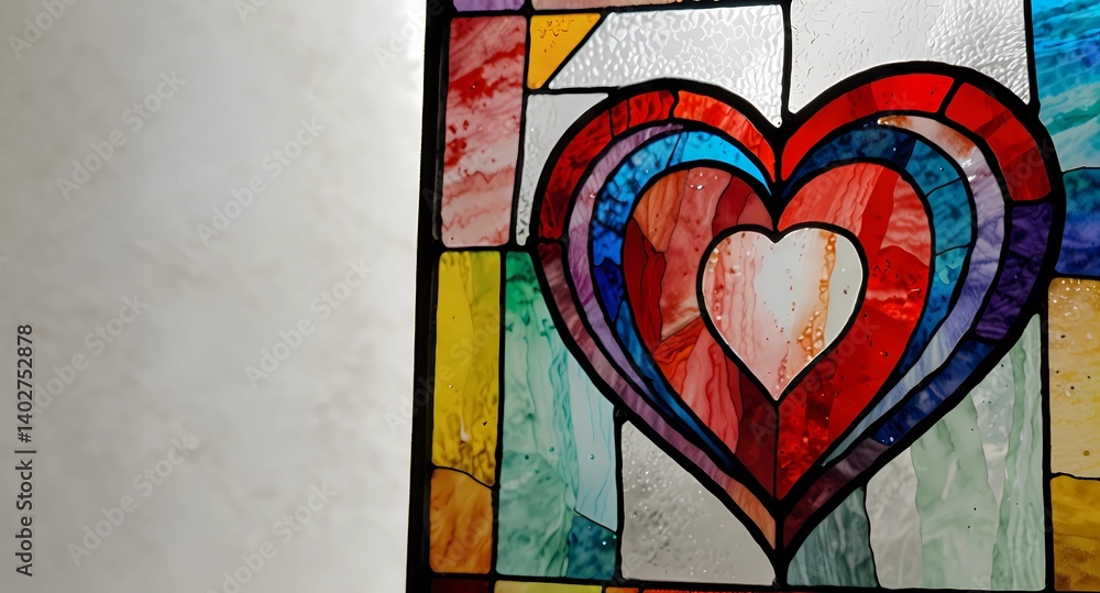 Poster a colorful stained glass window featuring a heart design with multiple layers and geometric shapes a