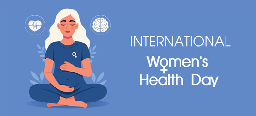 Obraz premium Pregnant girl hugs herself, puts her hands on her heart and belly. Brain and heart, symbol of calm and clear mind. Women's Mental Health Day. Vector illustration for health and psychology projects