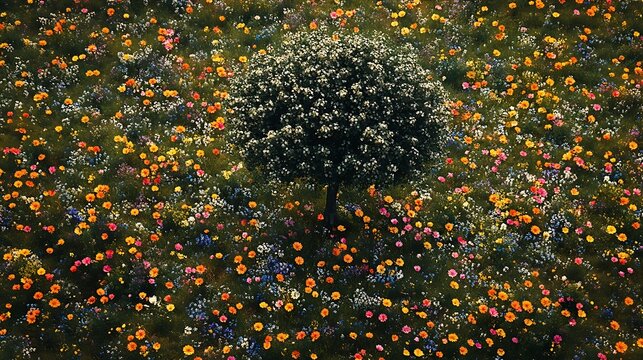 A tree emerging from soil in the center of a meadow covered with bright flowers in full bloom