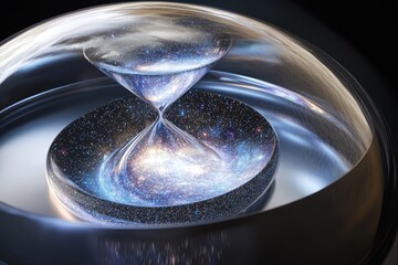 A cosmic hourglass, galaxies swirling within a glass dome, depicting the passage of time and the universe's evolution.