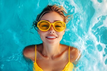 Naklejka premium Pretty and hot happy brazilian young woman in yellow enjoying turquoise sea, splashes around her. Bright Ñommercial style. Happy stress-free getaway creative. Summer fun in the sea.