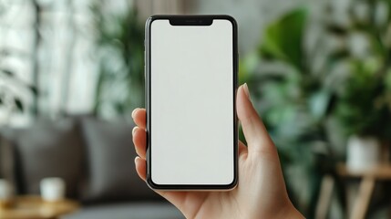 Hand holding phone with blank screen, home interior background