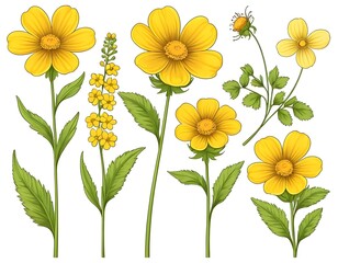 Fototapeta premium Collection of Yellow Flowers Botanical Illustration