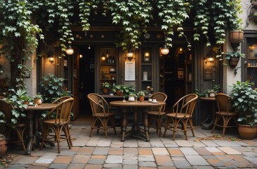 Fototapeta premium Charming outdoor cafe patio, ivy-covered facade, rustic wooden tables and chairs, warm lighting, inviting ambiance.