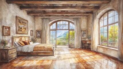 Watercolor painting depicts a charming bedroom with mountain view