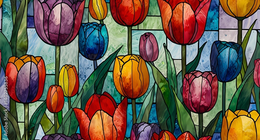 Poster a vibrant stained glass window featuring a colorful array of tulips in full bloom and lush green lea