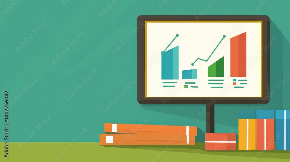 Poster colorful graphs on monitor displaying growth trends over time in modern office setting