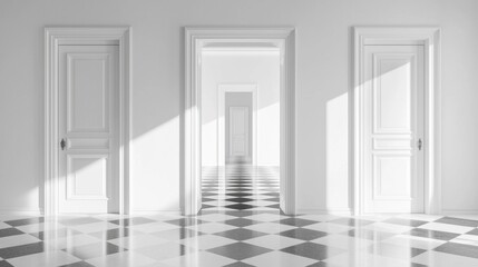A hallway with three doors and a checkered floor.