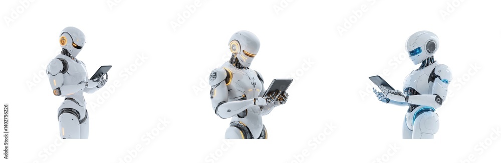 Aufkleber humanoid robots engaging with digital tablets in a line up